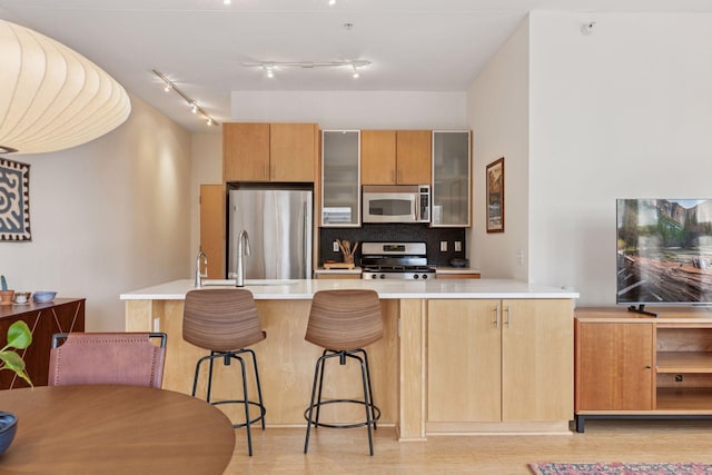 2845 Colfax Ave S Unit W202, Minneapolis, MN 55408 - kitchen with stainless steel appliances, backsplash, a sink, a peninsula, and light wood-style floors