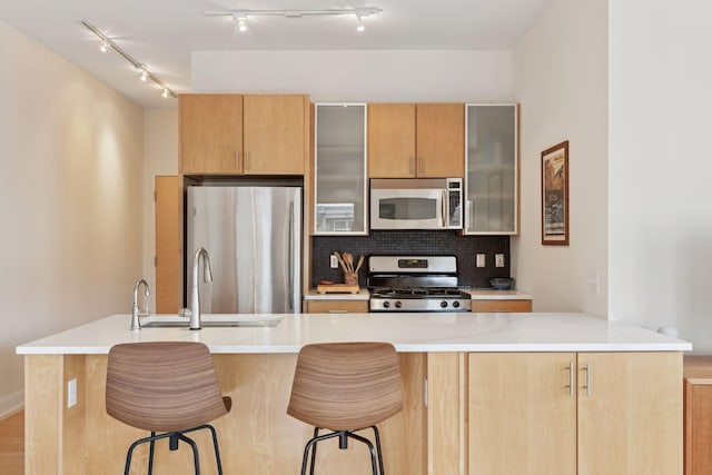 2845 Colfax Ave S Unit W202, Minneapolis, MN 55408 - kitchen with stainless steel appliances, a sink, backsplash, a breakfast bar area, and track lighting