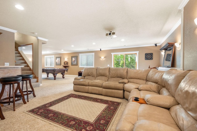 carpeted living room featuring billiards, crown molding, recessed lighting, stairs, and a textured ceiling
