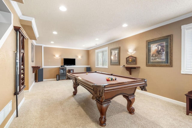 game room with carpet flooring, ornamental molding, pool table, a textured ceiling, and recessed lighting