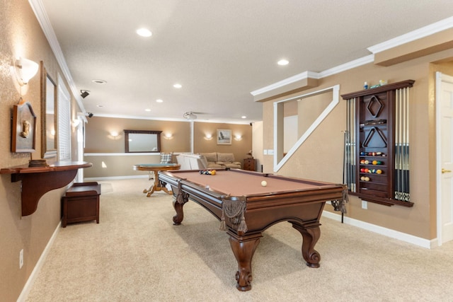 recreation room featuring billiards, crown molding, carpet flooring, recessed lighting, and baseboards