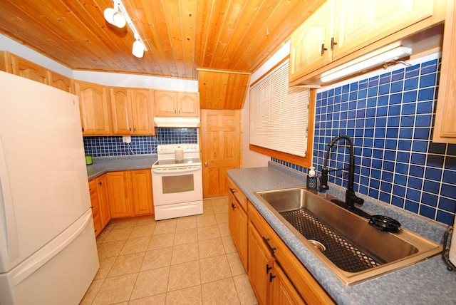 kitchen featuring white appliances, under cabinet range hood, a sink, light tile patterned floors, and wood ceiling