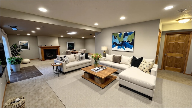 2607 226th Ln NW, Oak Grove, MN 55005 - carpeted living room with recessed lighting, baseboards, and a fireplace