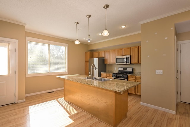 kitchen with stainless steel appliances, a sink, crown molding, an island with sink, and light wood finished floors
