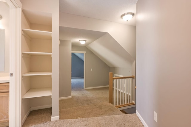 additional living space featuring carpet, baseboards, vaulted ceiling, and a textured ceiling