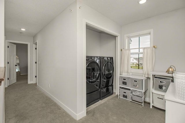 18122 Garland Path, Lakeville, MN 55044 - laundry room featuring carpet flooring, washer and dryer, baseboards, and recessed lighting