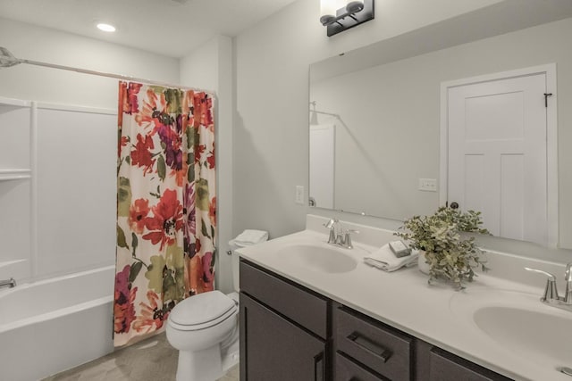 18122 Garland Path, Lakeville, MN 55044 - bathroom featuring toilet, double vanity, shower / bath combo, and recessed lighting