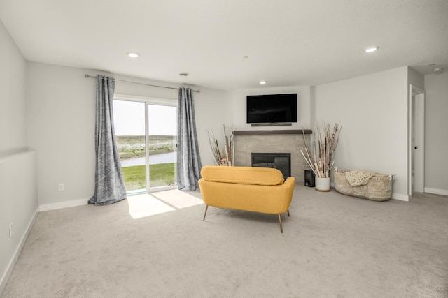 18122 Garland Path, Lakeville, MN 55044 - living area featuring carpet flooring, a glass covered fireplace, baseboards, and recessed lighting