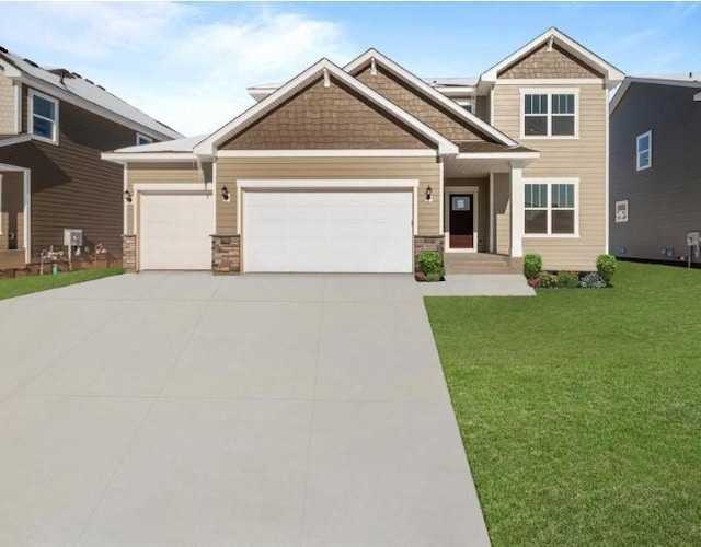 15920 116th Ave N, Dayton, MN 55369 - craftsman-style house featuring a garage, a front lawn, driveway, and stone siding