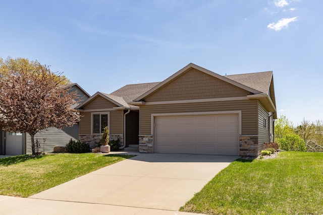 craftsman house with stone siding, a garage, a front lawn, and concrete driveway
