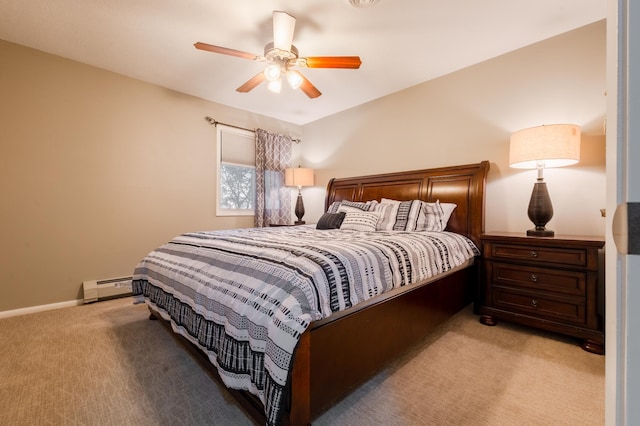 2520 Le Homme Dieu Hts NE Unit 2, Alexandria Twp, MN 56308 - bedroom featuring a baseboard heating unit, light colored carpet, ceiling fan, and baseboards