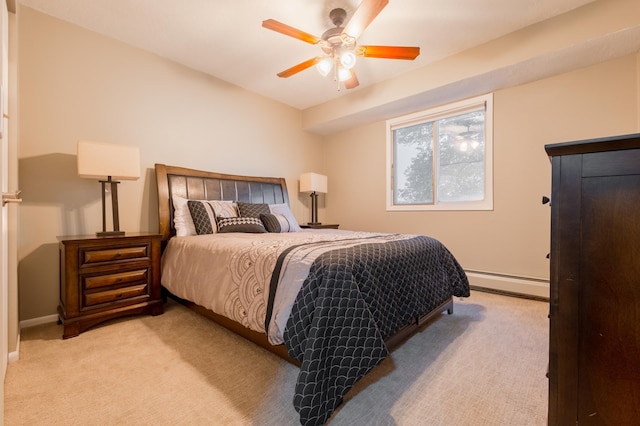 2520 Le Homme Dieu Hts NE Unit 2, Alexandria Twp, MN 56308 - bedroom featuring a baseboard radiator, light colored carpet, baseboards, and a ceiling fan