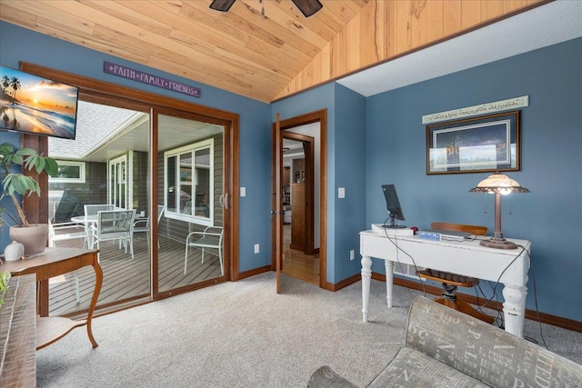 1704 156th St, Erin Prairie Twp, WI 54017 - home office with vaulted ceiling, carpet flooring, wooden ceiling, and ceiling fan