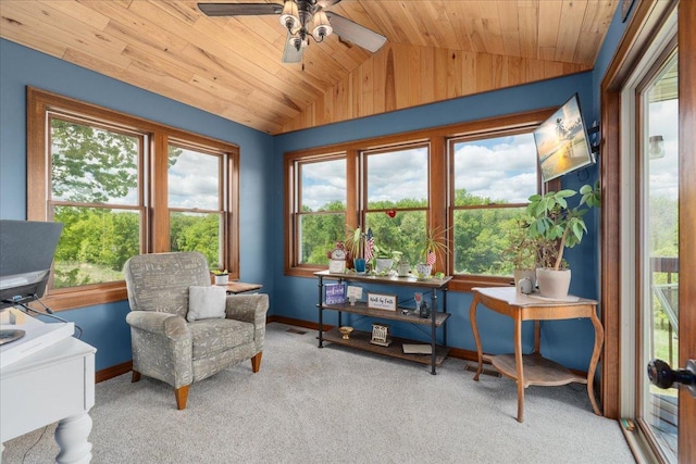 1704 156th St, Erin Prairie Twp, WI 54017 - living area featuring vaulted ceiling, healthy amount of natural light, ceiling fan, carpet flooring, and wood ceiling
