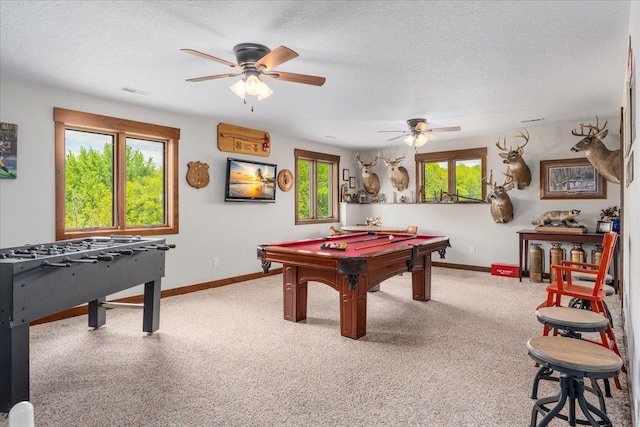 1704 156th St, Erin Prairie Twp, WI 54017 - game room featuring a ceiling fan, billiards, a textured ceiling, and carpet flooring