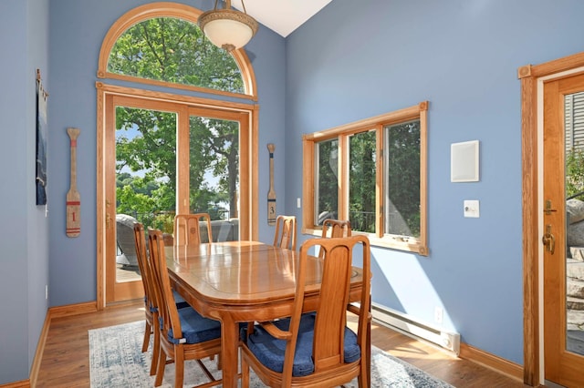dining room with a baseboard radiator, healthy amount of natural light, a towering ceiling, baseboards, and wood finished floors