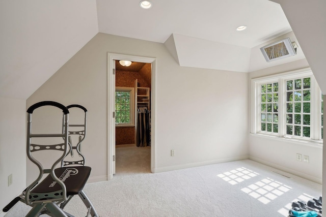 additional living space featuring vaulted ceiling, carpet floors, baseboards, and recessed lighting
