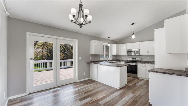 2070 Prospect Dr NE, Saint Cloud, MN 56304 - kitchen featuring appliances with stainless steel finishes, dark countertops, vaulted ceiling, a sink, and a peninsula