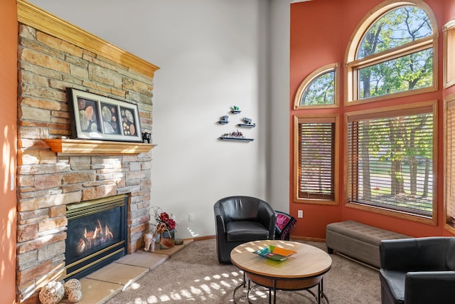 13367 Martin St NW, Andover, MN 55304 - living area with a fireplace, carpet flooring, baseboards, and a high ceiling