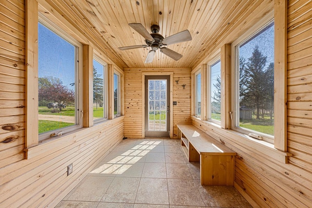 3020 320th St E, Sciota Twp, MN 55057 - unfurnished sunroom featuring wooden ceiling, wood walls, healthy amount of natural light, and tile patterned floors