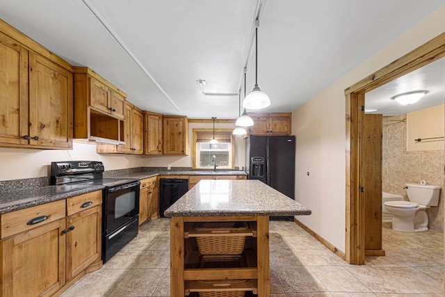 3020 320th St E, Sciota Twp, MN 55057 - kitchen with black appliances, open shelves, decorative light fixtures, a sink, and a center island