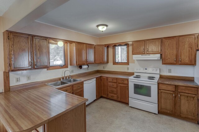 kitchen featuring white appliances, under cabinet range hood, a sink, and brown cabinets