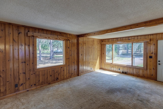 carpeted spare room featuring a textured ceiling, healthy amount of natural light, wood walls, and beam ceiling