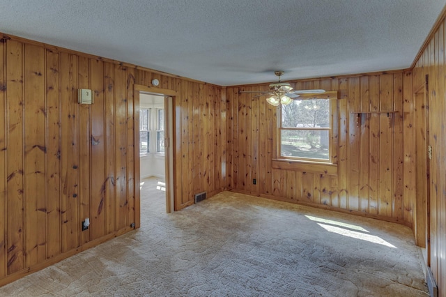 unfurnished room featuring plenty of natural light, a textured ceiling, carpet, wood walls, and ceiling fan