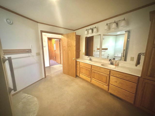 full bathroom featuring ornamental molding and double vanity