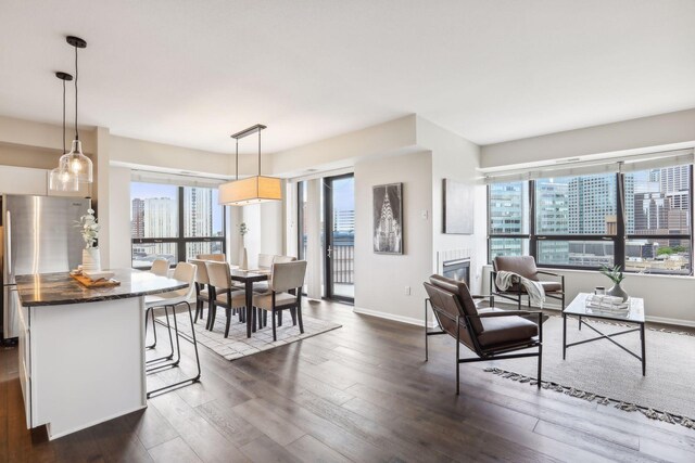 living room featuring plenty of natural light, dark wood finished floors, and a glass covered fireplace