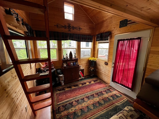 F6LOT139 Pathfinder Vlg, Clover Twp, MN 55037 - entrance foyer with wooden walls, wood ceiling, high vaulted ceiling, and wood finished floors
