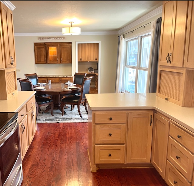 3918 Willmatt Hl, Minnetonka, MN 55305 - kitchen with ornamental molding, dark wood-style flooring, stainless steel electric range, and light countertops
