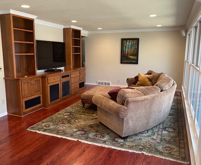3918 Willmatt Hl, Minnetonka, MN 55305 - living room with dark wood finished floors, recessed lighting, baseboards, and crown molding