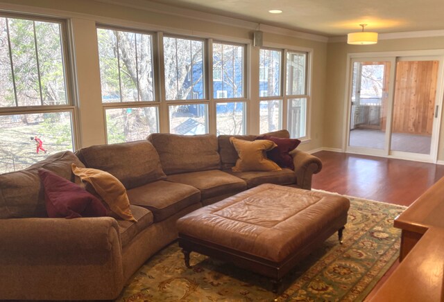 3918 Willmatt Hl, Minnetonka, MN 55305 - living area with wood finished floors, baseboards, ornamental molding, and recessed lighting