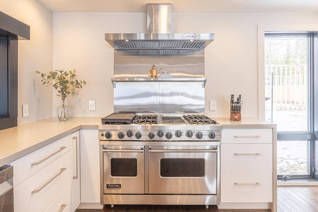 20380 Crystal Springs Loop, Harris Twp, MN 55744 - kitchen with stainless steel appliances, wall chimney range hood, white cabinetry, light countertops, and dark wood-style flooring