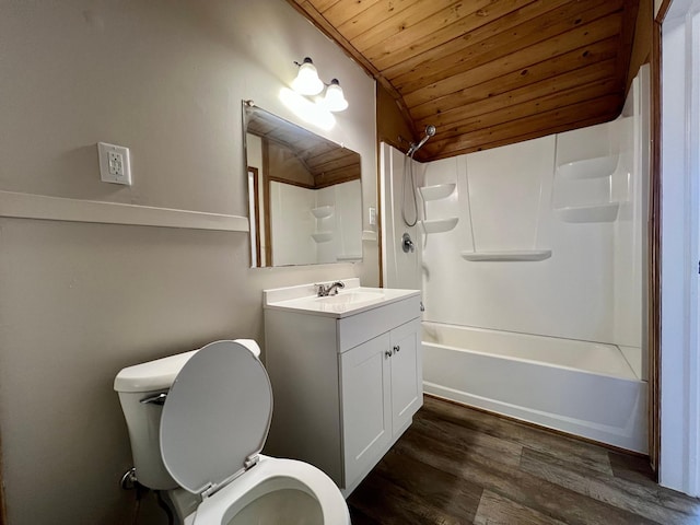 full bathroom with wooden ceiling, wood finished floors, toilet, vanity, and vaulted ceiling