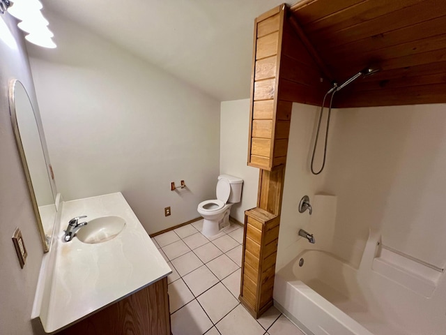 full bath with lofted ceiling, toilet, vanity, tub / shower combination, and tile patterned floors