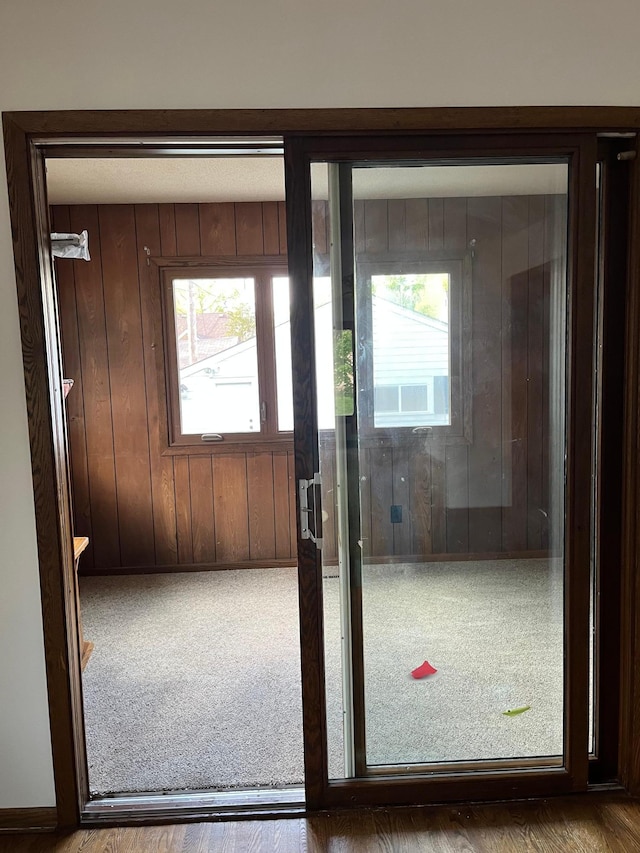 doorway with wooden walls and carpet flooring