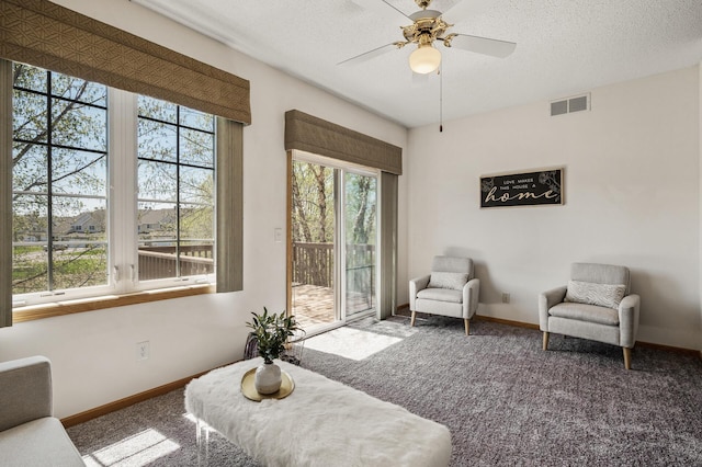 living area with healthy amount of natural light, carpet flooring, baseboards, and a textured ceiling