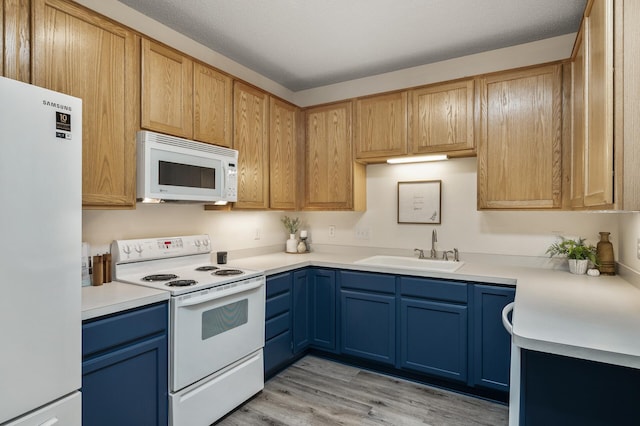 kitchen with white appliances, a sink, blue cabinetry, light wood-type flooring, and light countertops