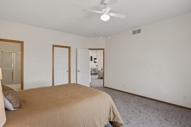 bedroom featuring carpet floors, baseboards, and ceiling fan