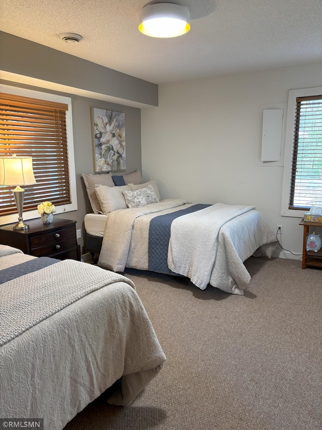 bedroom featuring carpet flooring and a textured ceiling