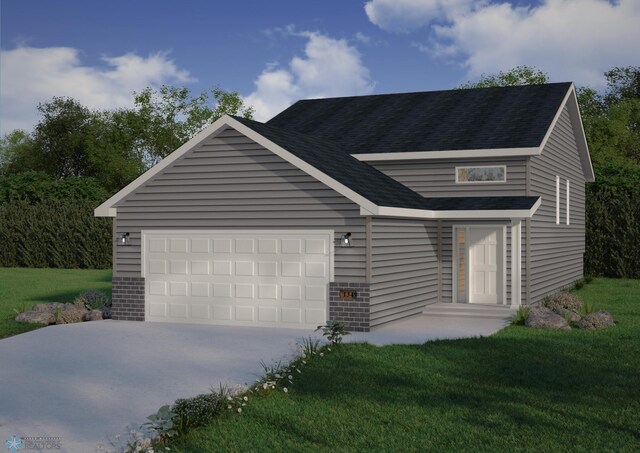 view of front of house featuring concrete driveway, roof with shingles, a garage, and a front yard