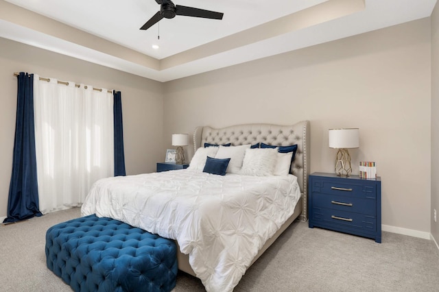 15359 Quamba St NE, Ham Lake, MN 55304 - bedroom featuring light carpet, a raised ceiling, baseboards, recessed lighting, and a ceiling fan