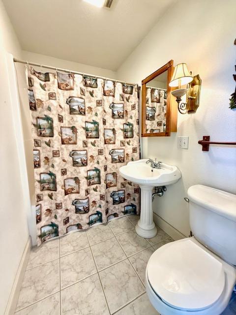 421 Main St E, Eitzen, MN 55931 - full bathroom featuring toilet, a shower with curtain, baseboards, and tile patterned flooring