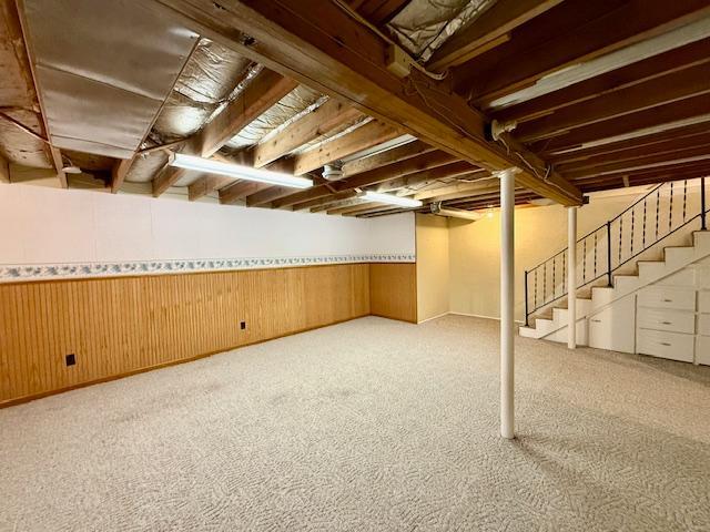 421 Main St E, Eitzen, MN 55931 - below grade area featuring wainscoting, carpet, stairway, and wooden walls