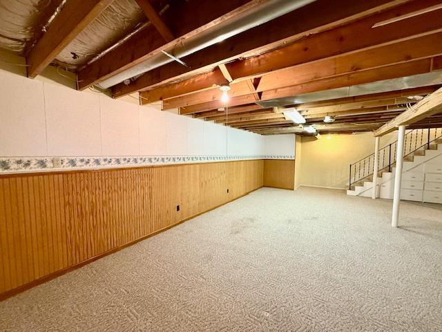 421 Main St E, Eitzen, MN 55931 - unfinished basement with stairs, carpet, and wood walls