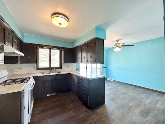 4806 Monroe St NE, Columbia Heights, MN 55421 - kitchen with white gas range, under cabinet range hood, a sink, a peninsula, and dark wood finished floors