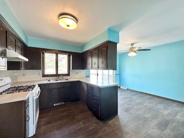 4806 Monroe St NE, Columbia Heights, MN 55421 - kitchen featuring white range with gas stovetop, under cabinet range hood, a sink, dark wood-style floors, and dark brown cabinets