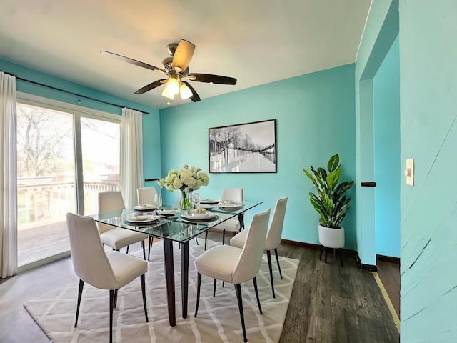 4806 Monroe St NE, Columbia Heights, MN 55421 - dining area with wood finished floors, a ceiling fan, and baseboards